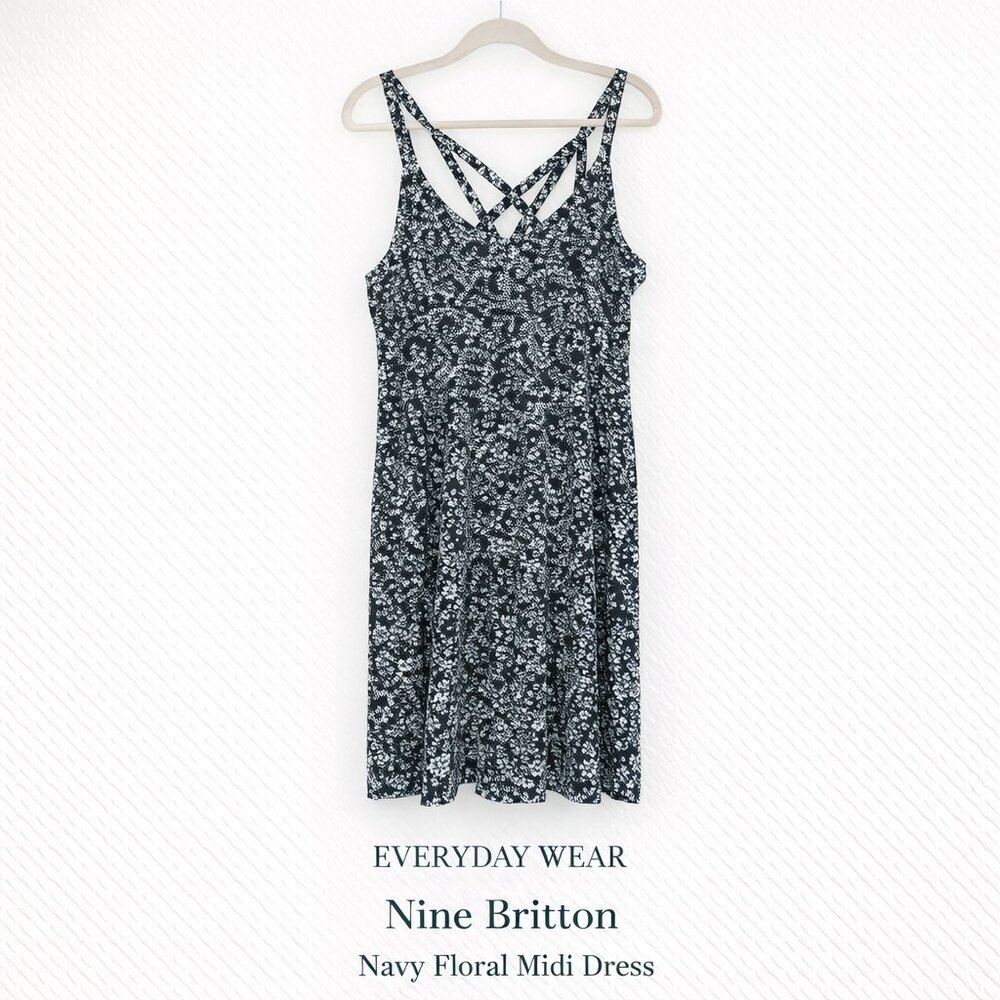 Nine Britton Lizzy Strappy Back Navy Floral Midi Dress Sleeveless NWT 2X